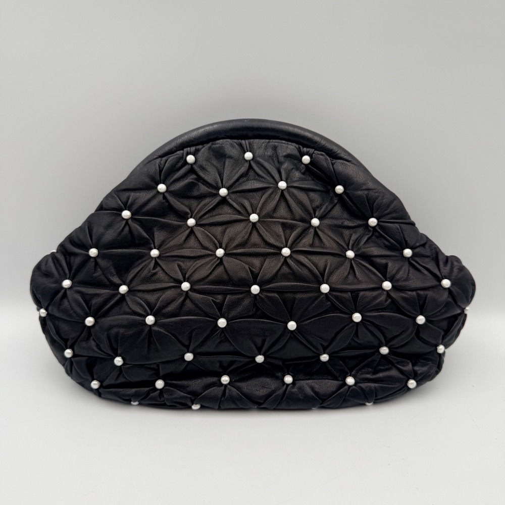 Timmy Woods Beverly Hills Black Leather Pearl Quilted Floral Clutch Crossbody
